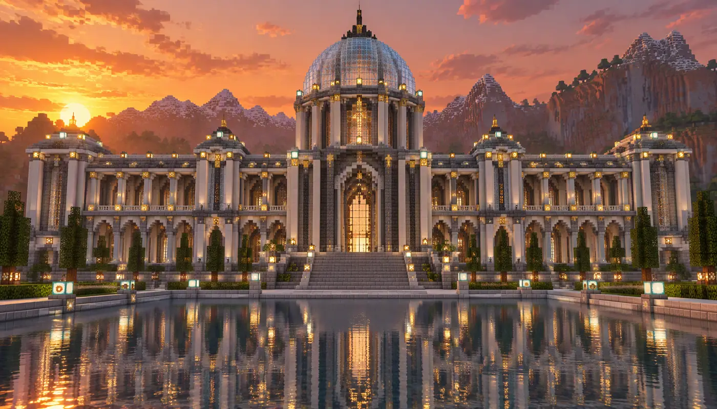 Симметричный дворец Minecraft со стеклянным куполом, колоннадой и отражающим бассейном на закате