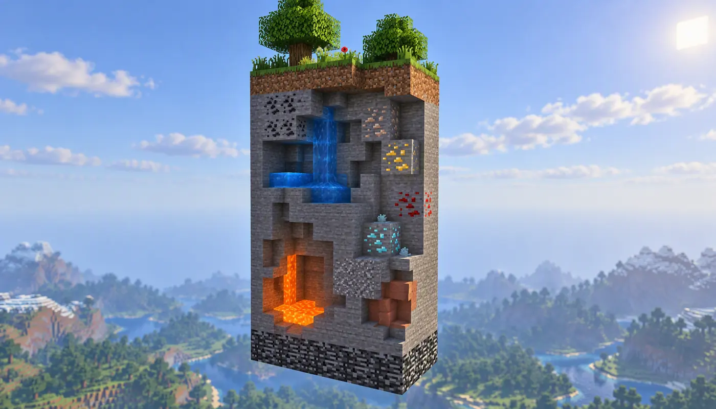 Вертикальный разрез чанка Minecraft: деревья на поверхности, слои камня с рудными жилами, вода, лава и коренная порода внизу