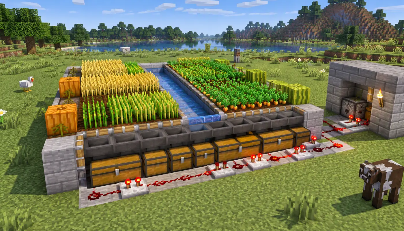 Автоматизированная ферма Minecraft: грядки, водный канал, воронки с сундуками и редстоун-проводка