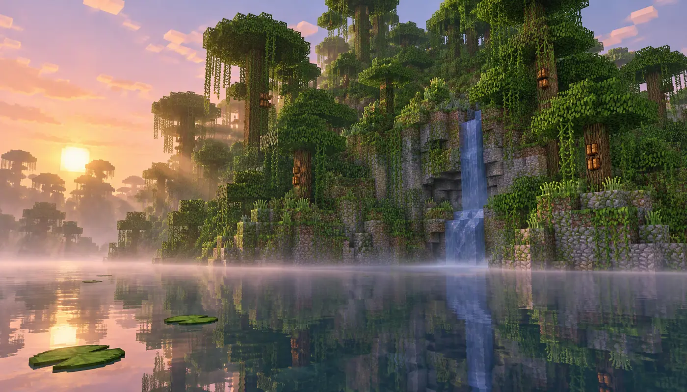 Тропический холм Minecraft с водопадом над спокойной водой на рассвете