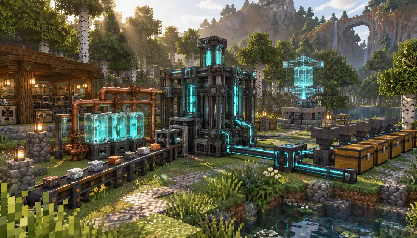 Модифицированная мастерская Minecraft: медные трубы, светящиеся энергоячейки, конвейер и ряд сундуков с воронками