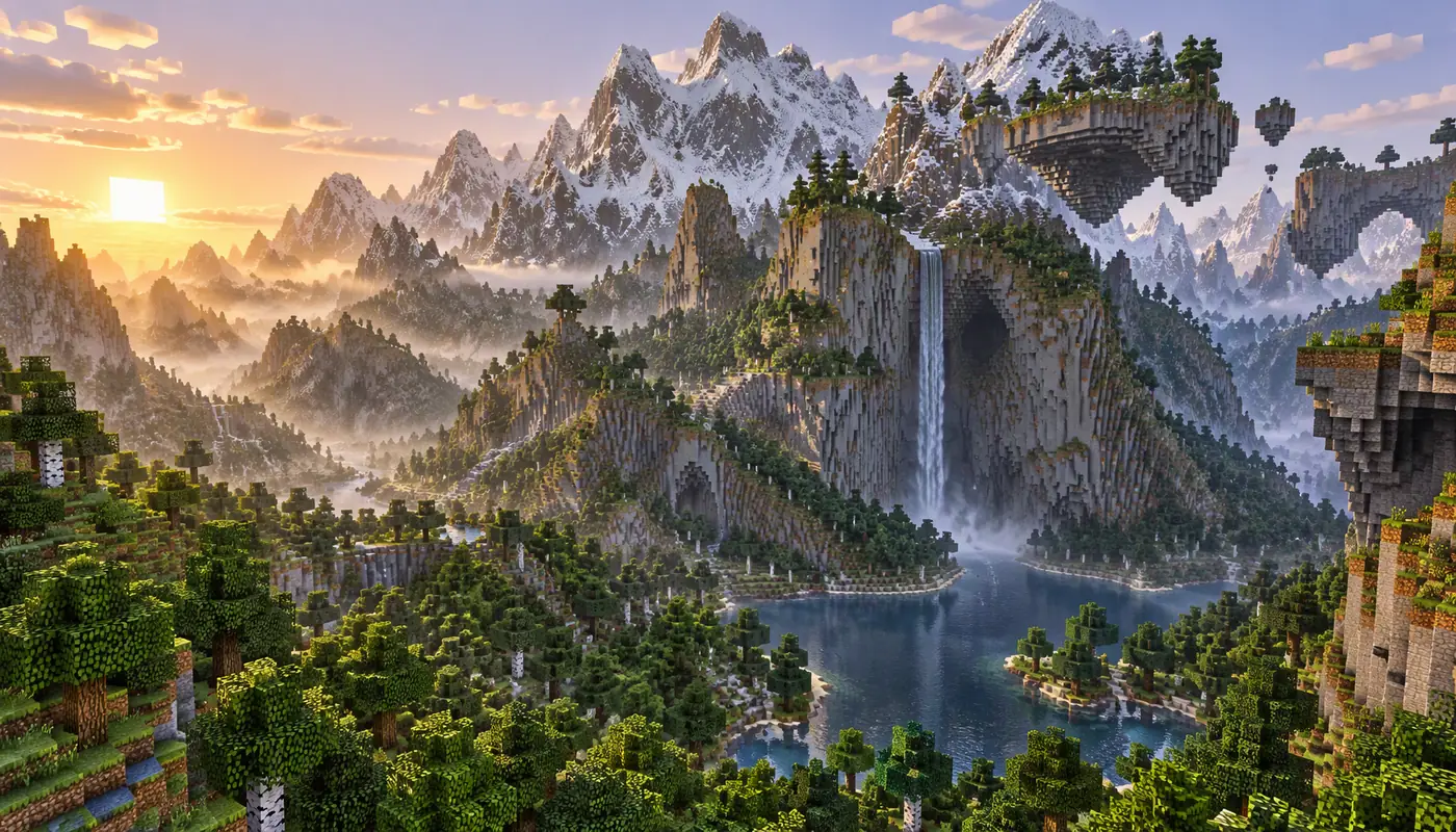 Горный хребет Minecraft с водопадом, лесом на склонах и заснеженными вершинами на рассвете