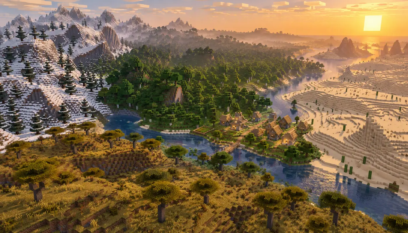 Граница биомов Minecraft: снежные горы, лес, пустыня и саванна вокруг реки с небольшой деревней